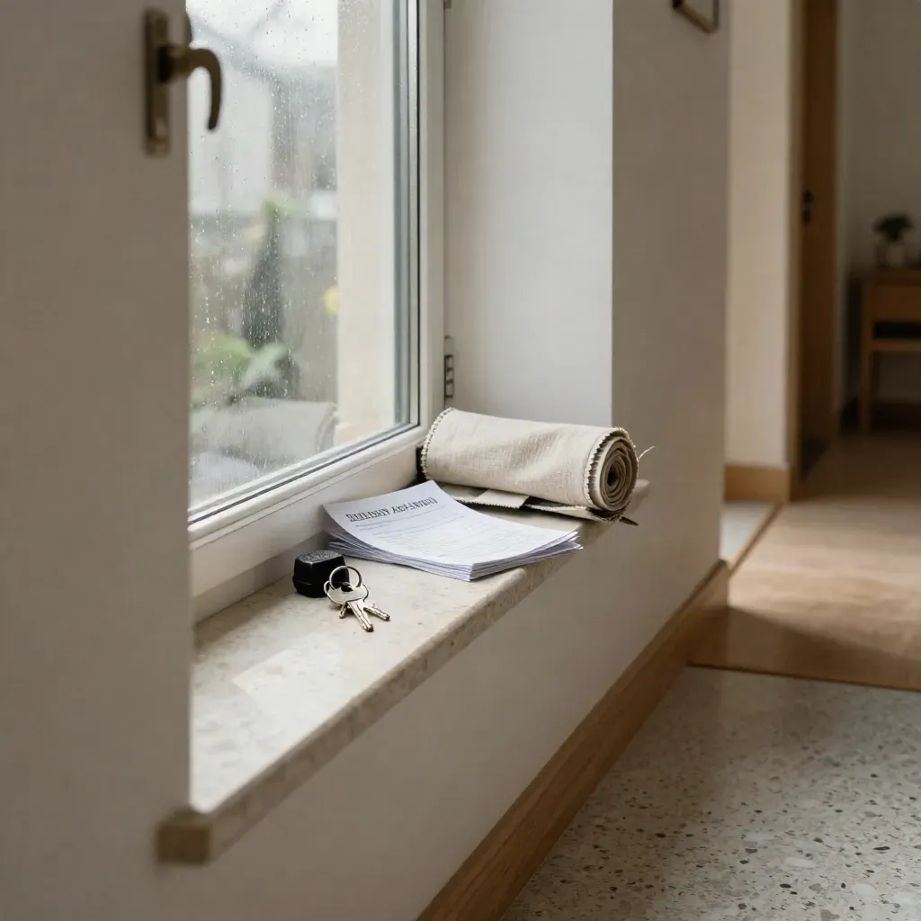 Sleutelbos en gordijnstaal op de vensterbank van een natte entree, ochtendmist en zacht licht.