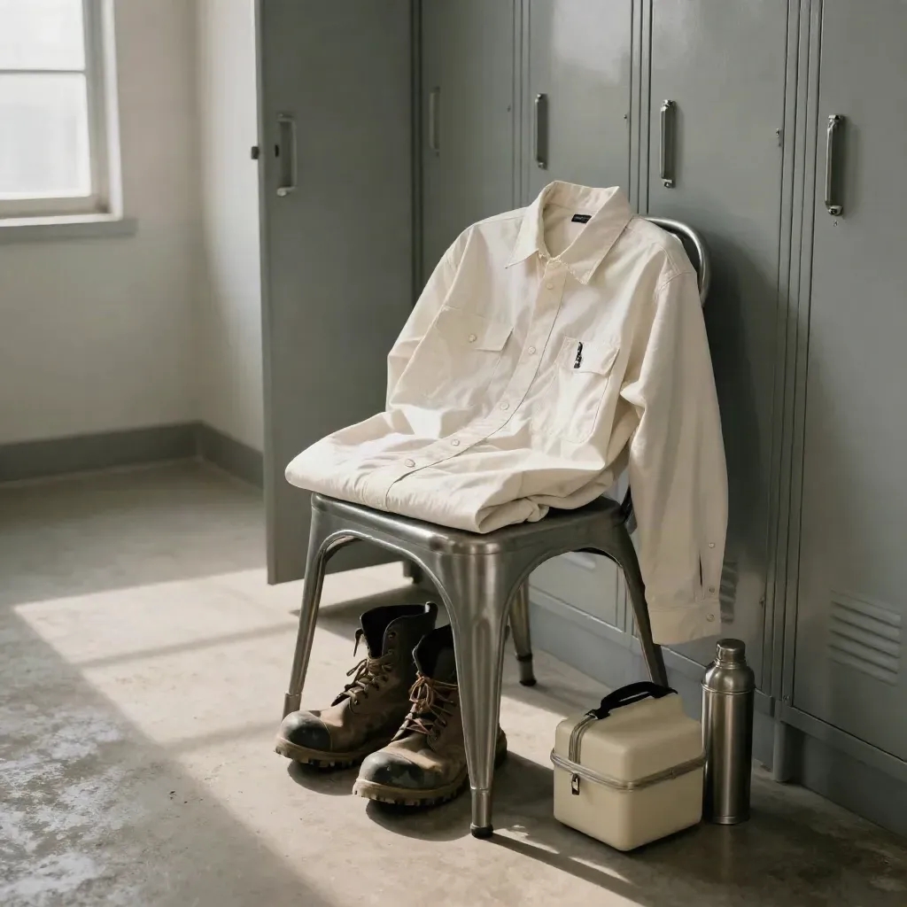 Werkshirt, veiligheidsschoenen, lunchbox en thermos in een stille pauzeruimte
