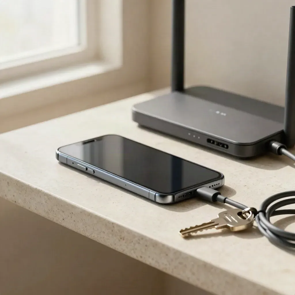 Smartphone, router, beveiligingssleutel en kabel op een stenen plank in heldere, rustige stijl.