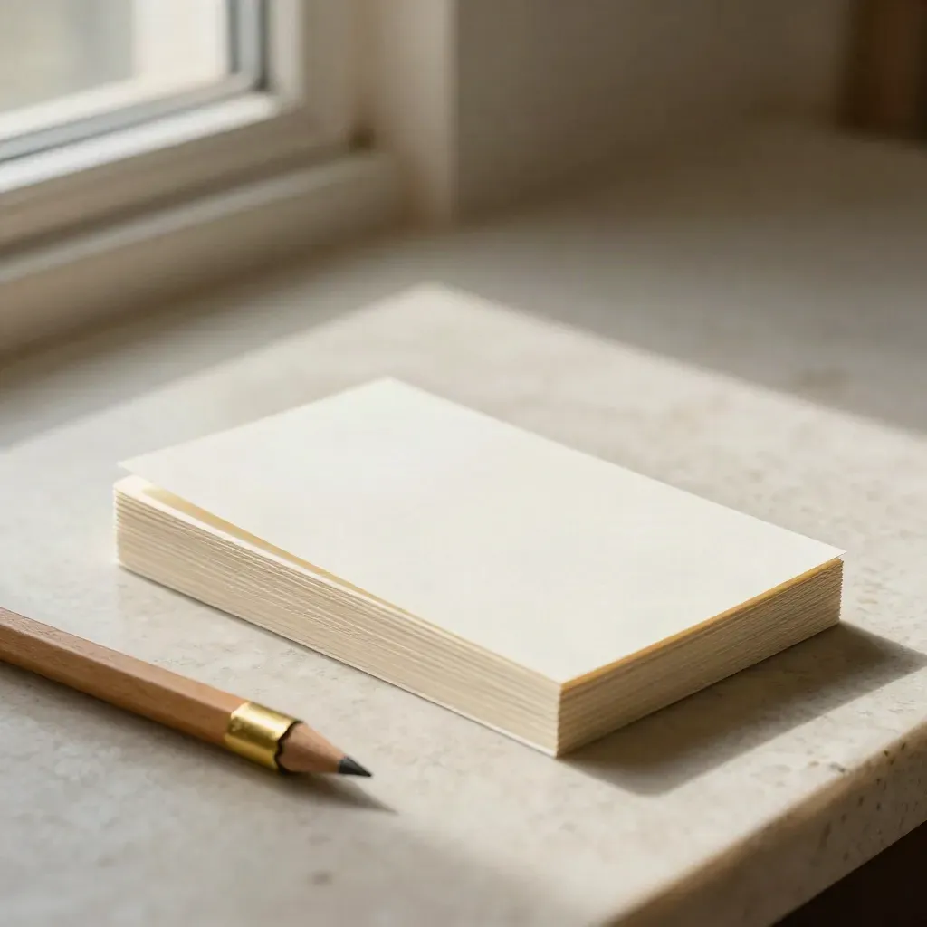 Stapel blanco kaartjes met potlood en brass clip op een lichte desk in zacht raamlicht.