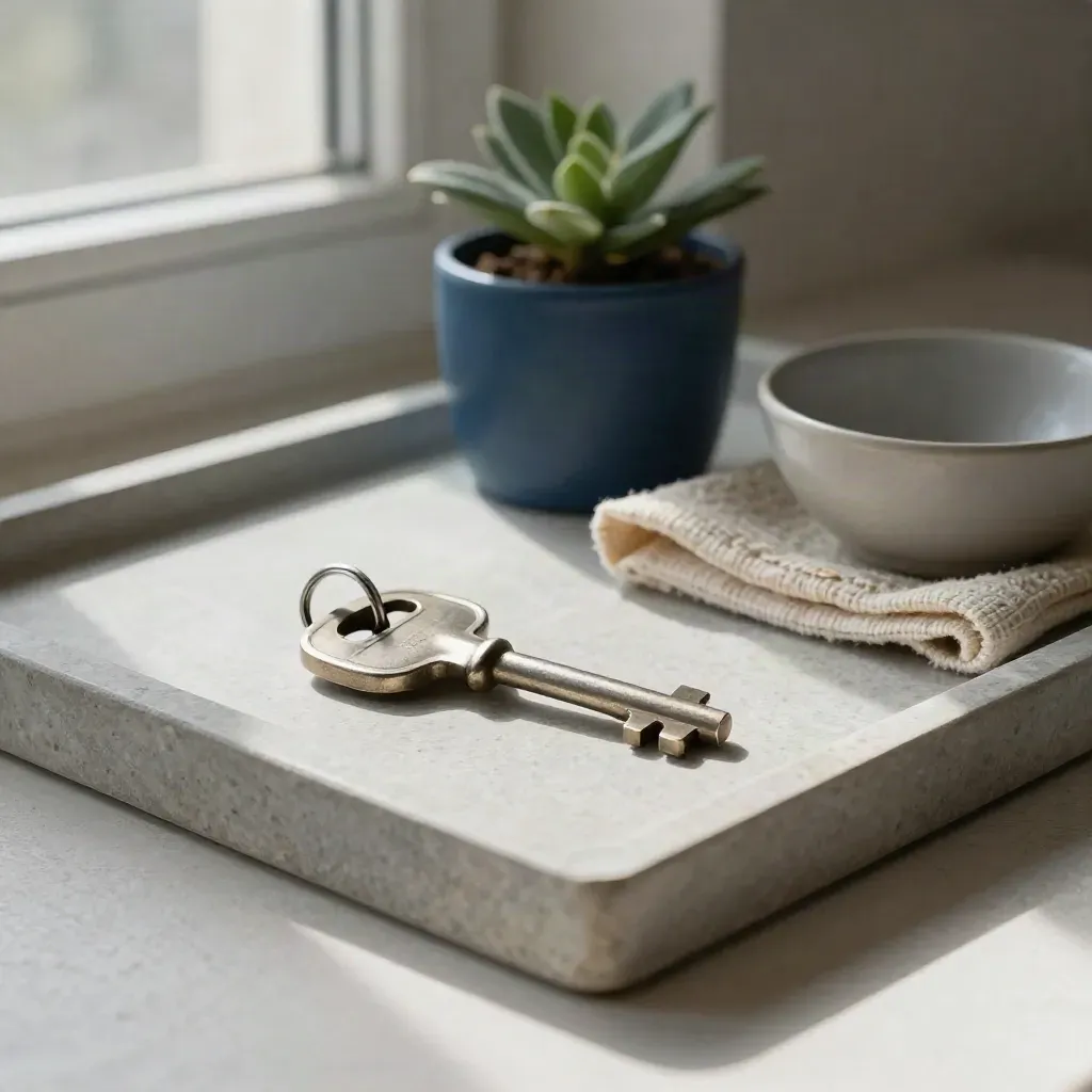 Stoere apartmentsleutel op stenen tray met plantje, wol en kom
